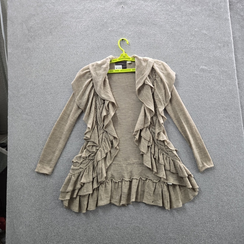Guinevere Women Cardigan XS Beige Merino Wool Open Front Ruffle Romantic